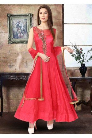 RED COLOR RAW SILK FABRIC GOWN